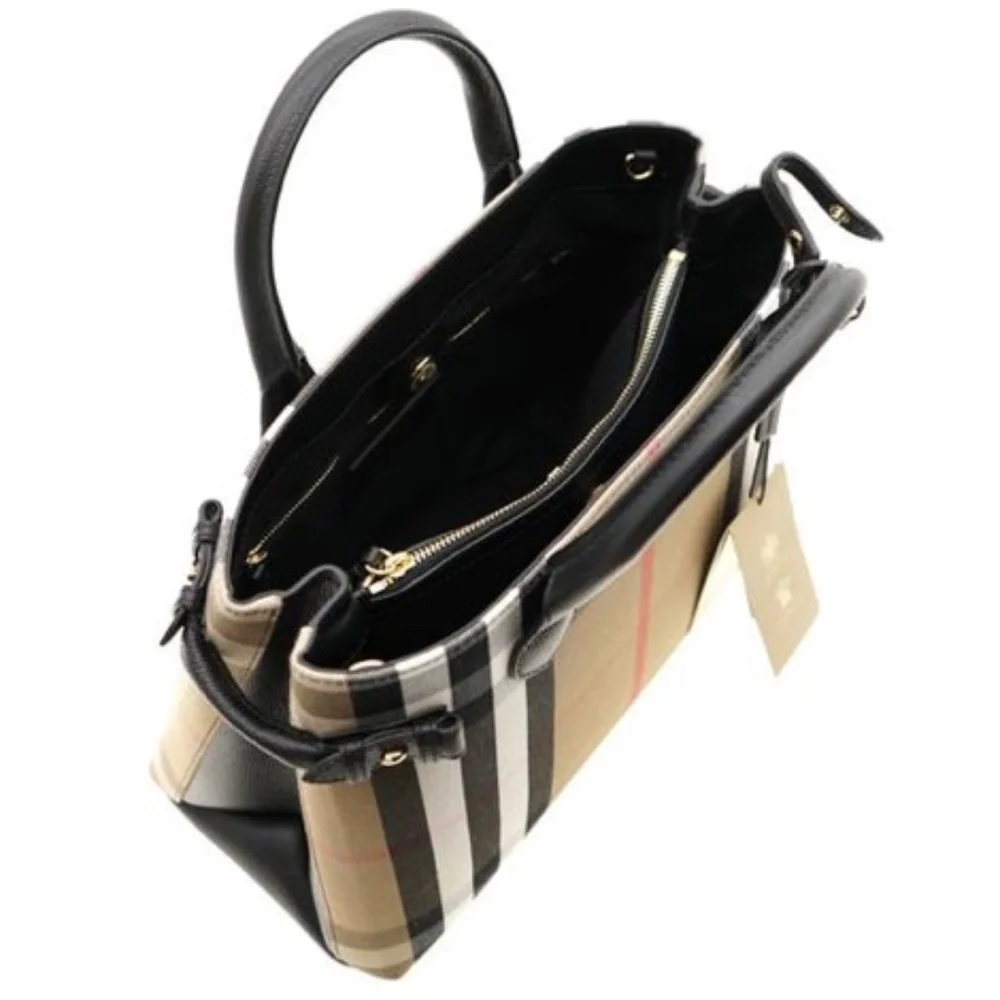 Authentic Burberry Medium Banner House Check & Leather Satchel Bag